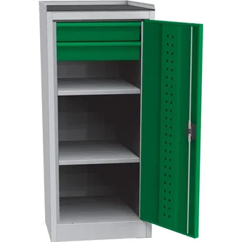 Skříňka na nářadí Univerzální dílenská skříň (505 mm/1180mm) s DVB perforací, 2 zásuvky, 2 police, zelená