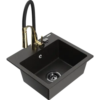 Granitový dřez Mexen Milo granitový 1-komorový dřez s kuchyňskou baterií Aster, černý/zlatý metalik - 6505-75-73450-57-B Granitové dřezy s baterií