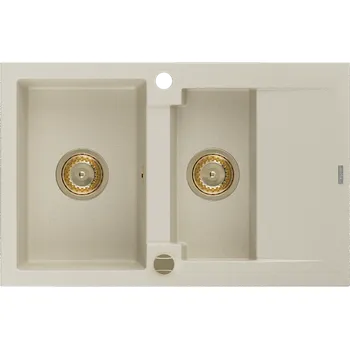 Granitový dřez Mexen Gaspar granitový dřez 1,5-komorový s odkapávačem 737 x 475 mm, béžový, zlatý sifon - 6507731505-69-G Granitové dřezy