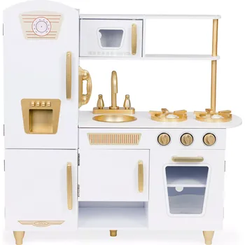 Dětská kuchyňka Velká dřevěná kuchyňka pro děti, bílá a zlatá, ECOTOYS