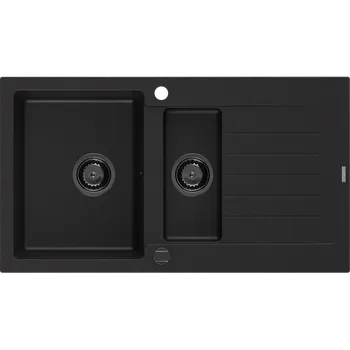 Granitový dřez Mexen Matias granitový dřez 1,5-komorový s odkapávačem 900 x 505 mm, černý, černý sifon - 6502901505-77-B Granitové dřezy
