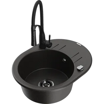 Mexen Kevin granitový dřez 1-komorový s odkapávačem a kuchyňskou baterií Aster, černý/zlatý metalik - 6517-75-73450-70-B Granitové dřezy s baterií