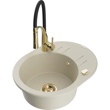 Granitový dřez Mexen Kevin granitový dřez s 1 komorou a odkapávačem a kuchyňskou baterií Aster, béžový - 6517-69-73450-57-G Granitové dřezy s baterií