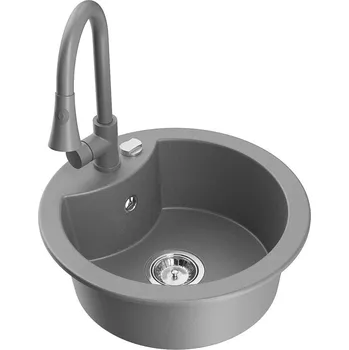 Granitový dřez Mexen Diego granitový dřez jednokomorový s kuchyňskou baterií Elia, šedý - 6512-71-670101-71 Granitové dřezy s baterií