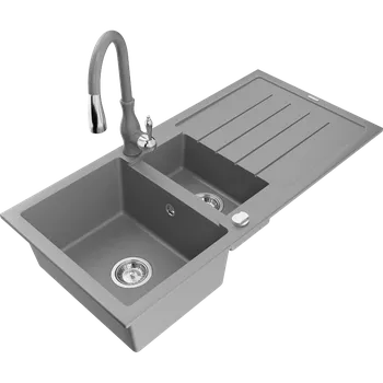 Granitový dřez Mexen Andres dřez žulový 1,5-komorový s odkapávačem a kuchyňskou baterií Savita, šedý - 6515-71-672601-71 Granitové dřezy s baterií