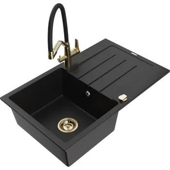 Granitový dřez Mexen Bruno granitový dřez jednokomorový s odkapávačem a kuchyňská baterie Duo, černá - 6513-77-671701-57-G Granitové dřezy s baterií