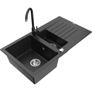 Granitový dřez Mexen Matias granitový dřez 1,5-komorový s odkapávačem a kuchyňskou baterií Telma, černý/stříbrný - 6502-73-670200-70 Granitové dřezy s baterií