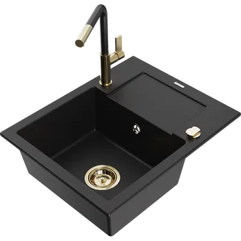 Kuchyňský dřez Mexen Enzo granitový dřez 1-komorový s odkapávačem a kuchyňskou baterií Flora, černý - 6506-77-670401-57-G Granitové dřezy s baterií