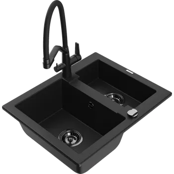 Kuchyňský dřez Mexen Carlos granitový dřez 1,5-komorový s kuchyňskou baterií Duo, černý - 6518-77-671701-70-B Granitové dřezy s baterií