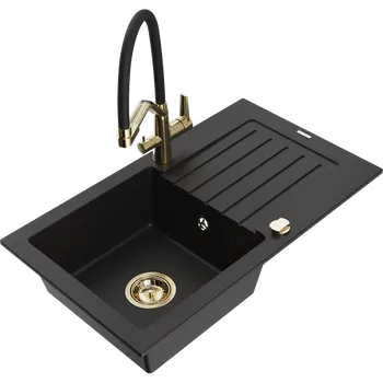 Granitový dřez Mexen Pablo žulový kuchyňský dřez s 1 komorou s odkapávačem a kuchyňskou baterií Duo, černý - 6510-77-671701-57-G Granitové dřezy s baterií