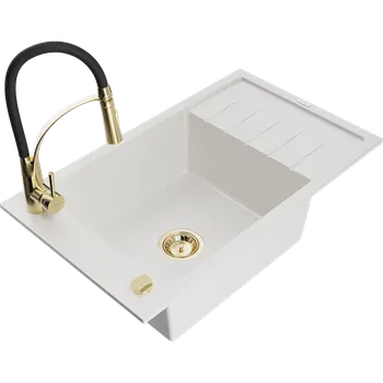 Granitový dřez Mexen Elias granitový dřez 1-komorový s odkapávačem a kuchyňskou baterií Aster, bílý - 6511-20-73450-57-G Granitové dřezy s baterií