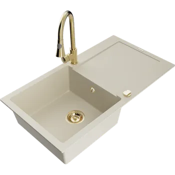 Granitový dřez Mexen Leo granitový dřez s 1 komorou, odkapávačem a kuchyňskou baterií Elia, béžový - 6501-69-670101-50 Granitové dřezy s baterií