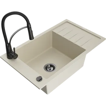 Granitový dřez Mexen Elias granitový dřez s 1 komorou s odkapávačem a kuchyňskou baterií Aster, béžový - 6511-69-73450-70-B Granitové dřezy s baterií