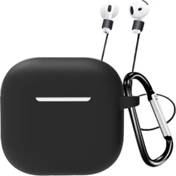 Pouzdro na mobilní telefon Silikonový obal s karabinou a šňůrkou proti ztrátě pro AirPods 4 - černý