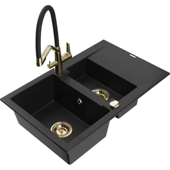 Granitový dřez Mexen Gaspar granitový dřez 1,5komorový s odkapávačem a kuchyňskou baterií Duo, černý - 6507-77-671701-57-G Granitové dřezy s baterií