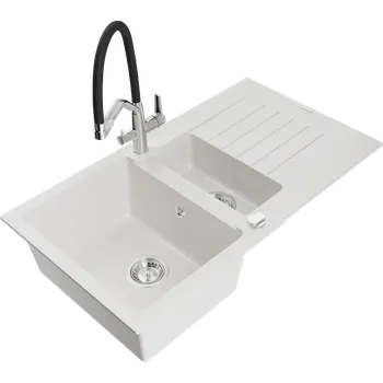 Granitový dřez Mexen Matias granitový dřez 1,5 komorový s odkapávačem a kuchyňskou baterií Duo, bílý - 6502-20-671701-07 Granitové dřezy s baterií