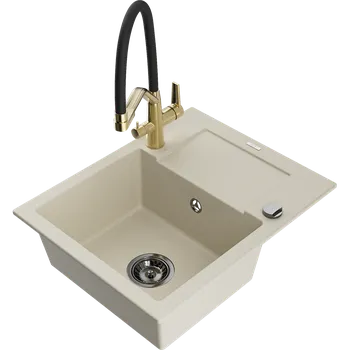 Granitový dřez Mexen Enzo granitový jednodřez s odkapávačem a kuchyňskou baterií Duo, béžový - 6506-69-671701-57-B Granitové dřezy s baterií