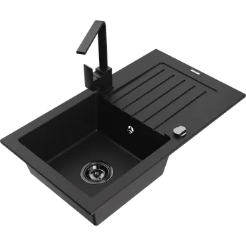 Granitový dřez Mexen Pablo granitový dřez 1-komorový s odkapávačem a kuchyňskou baterií Rita, černý - 6510-77-670300-70-B Granitové dřezy s baterií