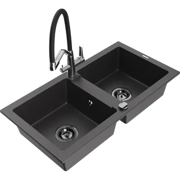 Granitový dřez Mexen Mario dvoukomorový granitový dřez s kuchyňskou baterií Duo, černý tečkovaný - 6504-76-671701-07-B Granitové dřezy s baterií