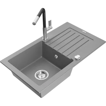 Granitový dřez Mexen Pablo žulový kuchyňský dřez s odkapávačem a kuchyňskou baterií Flora, šedý - 6510-71-670401-07 Granitové dřezy s baterií