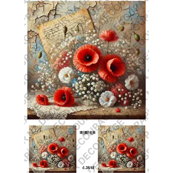 Umělecký papír Rýžový a soft papír na decoupage - Vlčí máky vintage - KB03618 Materiál: Soft, Rozměr: A4