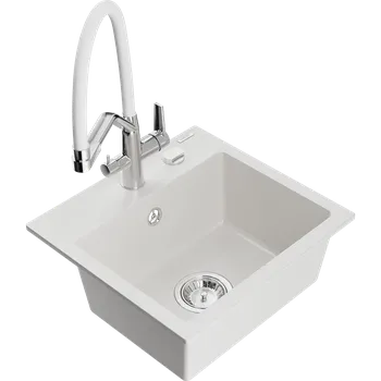 Granitový dřez Mexen Milo granitový dřez jednodílný s kuchyňskou baterií Duo, bílý - 6505-20-671701-02 Granitové dřezy s baterií