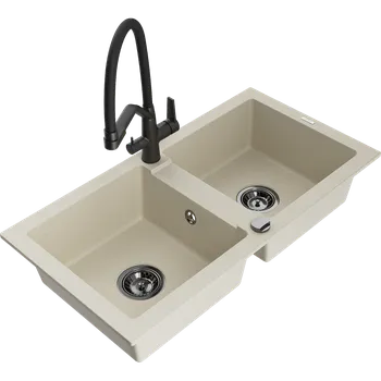 Granitový dřez Mexen Mario žulový dřez 2-komorový s kuchyňskou baterií Duo, béžový - 6504-69-671701-70-B Granitové dřezy s baterií