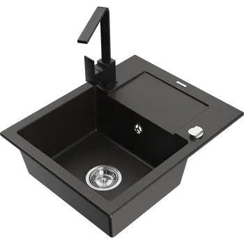 Kuchyňský dřez Mexen Enzo granitový dřez s 1 komorou, odkapávačem a kuchyňskou baterií Rita, černý/zlatý metalík - 6506-75-670300-70 Granitové dřezy s baterií