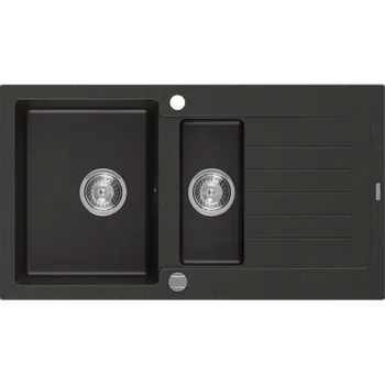 Granitový dřez Mexen Matias granitový dřez 1,5-komorový s odkapávačem 900 x 505 mm, černý/zlatý metalík, sifon chrom - 6502901505-75 Granitové dřezy