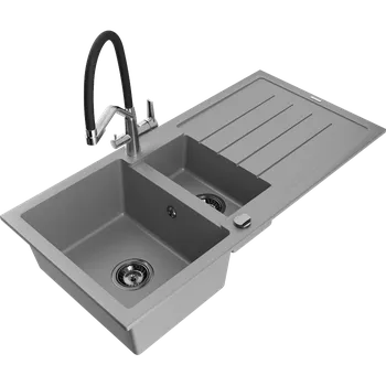 Granitový dřez Mexen Andres granitový dřez 1,5-komorový s odkapávačem a kuchyňskou baterií Duo, šedý - 6515-71-671701-07-B Granitové dřezy s baterií