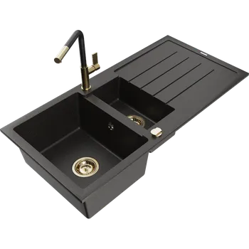 Granitový dřez Mexen Andres žulový dřez 1,5-komorový s odkapávačem a kuchyňskou baterií Flora, černý/zlatý - 6515-75-670401-57-G Granitové dřezy s baterií