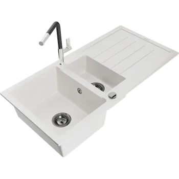 Granitový dřez Mexen Andres žulový dřez 1,5-komorový s odkapávačem a kuchyňskou baterií Flora, bílý - 6515-20-670401-07-B Granitové dřezy s baterií