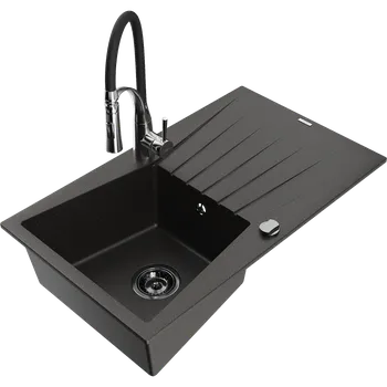 Granitový dřez Mexen Cesar granitový dřez 1-komorový s odkapávačem a kuchyňskou baterií Aster, černý/zlatý metalik - 6514-75-73450-07-B Granitové dřezy s baterií