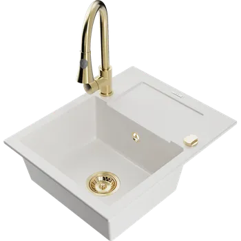 Granitový dřez Mexen Enzo granitový dřez s 1 komorou, odkapávačem a kuchyňskou baterií Elia, bílý - 6506-20-670101-50 Granitové dřezy s baterií