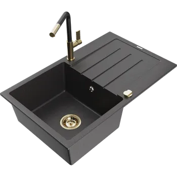 Granitový dřez Mexen Bruno granitový dřez 1-komorový s odkapávačem a kuchyňskou baterií Flora, černý tečkovaný - 6513-76-670401-57-G Granitové dřezy s baterií