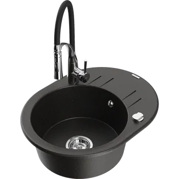 Granitový dřez Mexen Kevin granitový dřez 1-komorový s odkapávačem a kuchyňskou baterií Aster, černý/zlatý metalík - 6517-75-73450-07 Granitové dřezy s baterií