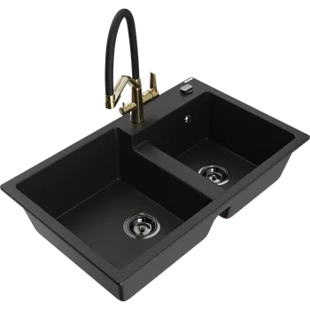 Granitový dřez Mexen Tomas dvojkomorový granitový dřez s kuchyňskou baterií Duo, černý - 6516-77-671701-57-B Granitové dřezy s baterií