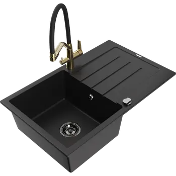 Granitový dřez Mexen Bruno granitový dřez 1-komorový s odkapávačem a kuchyňskou baterií Duo, černý - 6513-77-671701-57-B Granitové dřezy s baterií