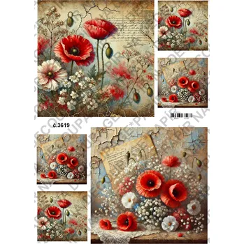 Umělecký papír Rýžový a soft papír na decoupage - Vlčí máky vintage - KB03619 Materiál: Soft, Rozměr: A4