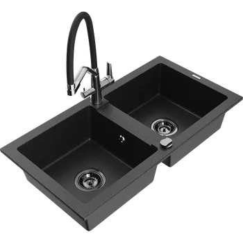 Granitový dřez Mexen Mario granitový dřez 2-komorový s kuchyňskou baterií Duo, černý/stříbrný metalík - 6504-73-671701-07-B Granitové dřezy s baterií