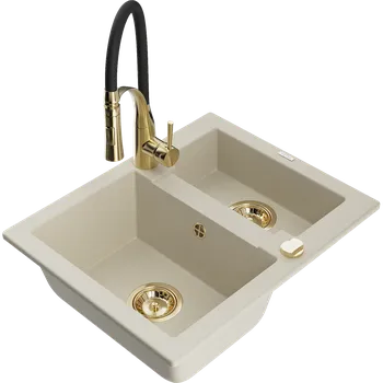 Granitový dřez Mexen Carlos granitový dřez 1,5-komorový s kuchyňskou baterií Aster, béžový - 6518-69-73450-57-G Granitové dřezy s baterií