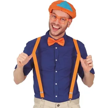 Karnevalový doplněk Oranžový zábavní set – brýle, kšandy, motýlek a čepice