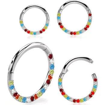 Piercing Otevírací kroužek se zirkony po stranách v barvě duhy SGSH11RB (Otevírací kroužek z chirurgické oceli 316L osázený kamínky po stranách v barvě duhy SGSH11RB)