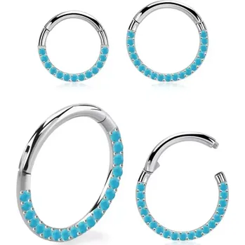 Piercing Otevírací kroužek stříbrné barvy různých průměrů s tyrkysovými kameny SGSH11TQ (Otevírací kroužek různých průměrů s tyrkysovými kameny ve stříbrné barvě z chirirgické oceli SGSH11TQ)