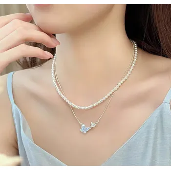 Náhrdelník B-TOP Dámský set náhrdelníků s perlami a motýlími přívěsky