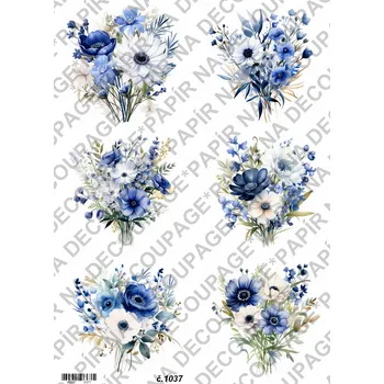 Výtvarný papír Rýžový a soft papír na decoupage - Květiny modré - KB01037 Materiál: Rýžový papír, Rozměr: A4