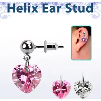 Piercing Náušnice osázená kuličkou a krystalem ve tvaru srdce ERBZ529 (Náušnice osázená kuličkou a krystalem ve tvaru srdce v různých barvách ERBZ529)