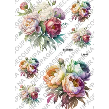 Umělecký papír Rýžový a soft papír na decoupage - Pivoňky - KB01045 Materiál: Rýžový papír, Rozměr: A4