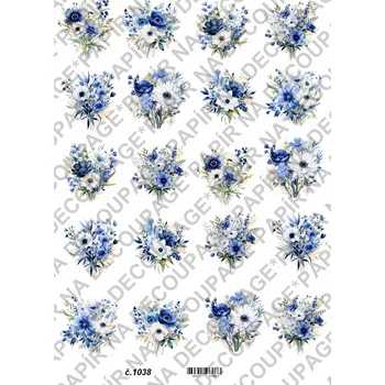 Umělecký papír Rýžový a soft papír na decoupage - Květiny modré - KB01038 Materiál: Soft, Rozměr: A4
