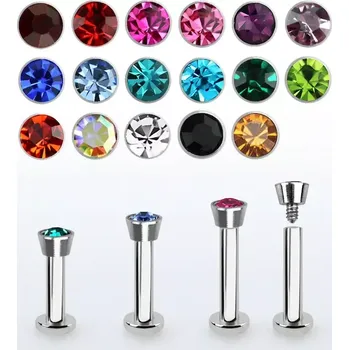 Piercing Labret se zirkonem různých barev a délek TLBIC (Labret z chirurgické oceli 316L s vnitřním závitem, s horním hrotem osazeným zirkonem TLBIC)